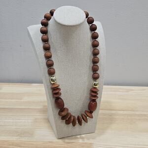 Vintage Brown Wooden Gold Acrylic Geometric Bead 23" Necklace Boho Festival